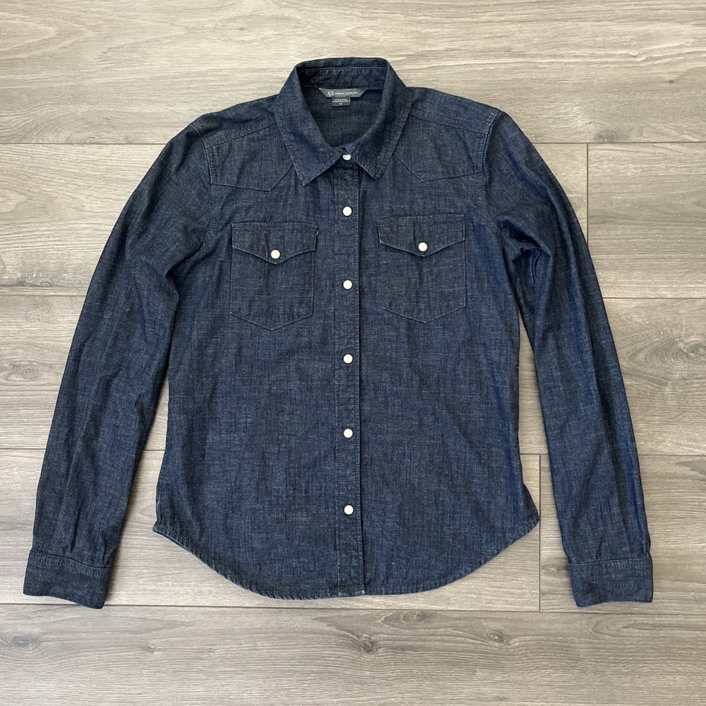 Armani Exchange A/E Womens Sz S Snap Button Blue Denim Shirt Long Sleeve